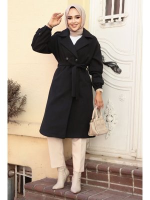 Kemerli Siyah Kaşe Kaban 61102s