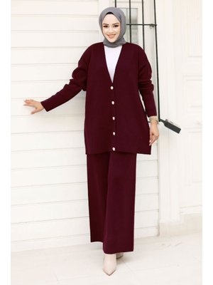Bordo Düğmesi Taşlı Triko Hırka Takım
