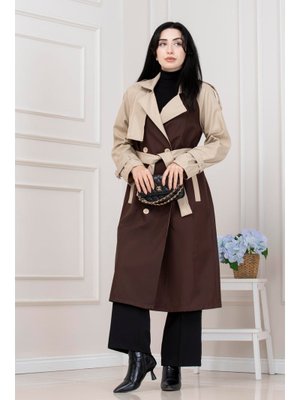 Kahverengi İki Renk Cepken Detaylı Trençkot