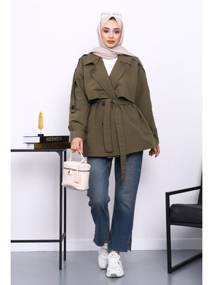 Haki Kravuze Yaka Düğmeli Kısa Trençkot
