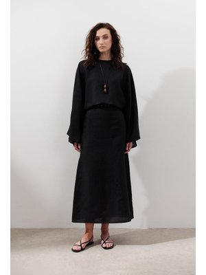 Siyah Keten Geniş Bağlamalı Elbise