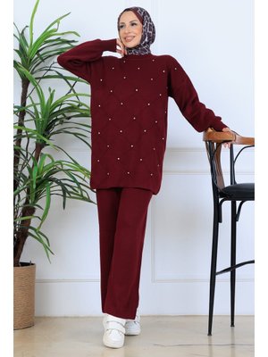 Bordo Taşlı Triko Takım