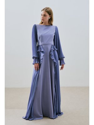 Lila Katlı Piliseli Elbise