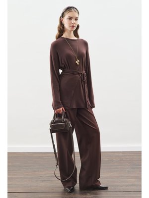 Acı Kahve Beli Bağlama Tasarımlı Bluz