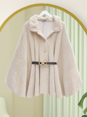 Bej Gold Düğme Detay Kemerli Alcantara Panço