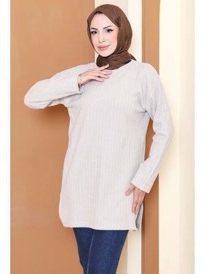 Bej İnterlok Yırtmaçlı Tunik