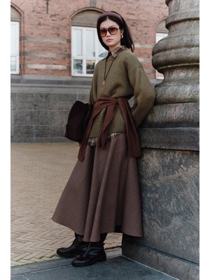 Bordo Ekose Desenli Geniş Etek