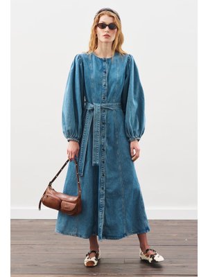 Mavi Geniş Kollu Denim Elbise