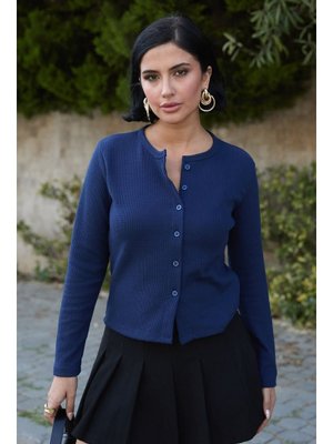 Basic Düğmeli Lacivert Waffle Hırka