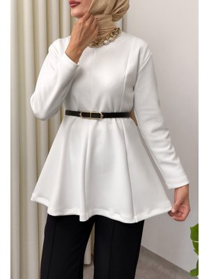 Beyaz Kemerli Peplum Bluz