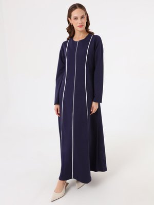 Lacivert Yumuşak Dokulu Kontras Biye Detaylı Elbise