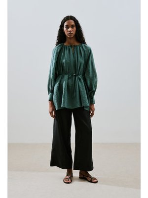 Yeşil Geniş Manşetli Kuşaklı Tunik