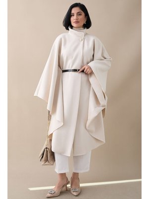 Kemerli Kaşe Krem Uzun Panço