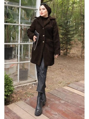 Kahverengi Kruvaze Yaka Peluş Mont
