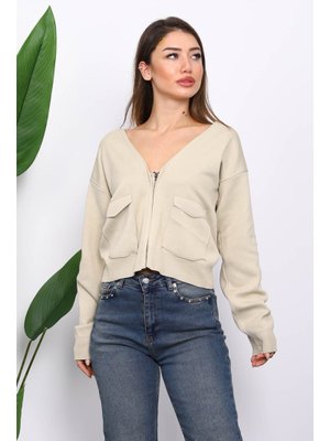 Bej Çift Cepli Fermuarlı Triko Hırka