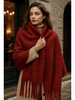 Bordo Püskül Detay Atkı Omuz Şalı 40x200 Cm 1295