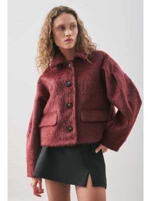 Bordo Boucle Kısa Kaban