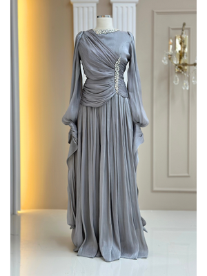 Gri Bade Abiye Elbise