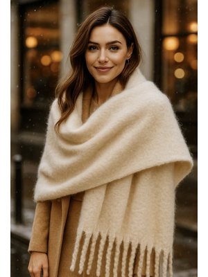 Bej Püskül Detay Atkı Omuz Şalı 40x200 Cm 1295
