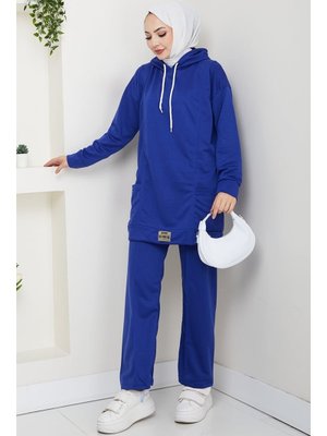 İndigo Çift Cepli Kapüşonlu İkili Takım