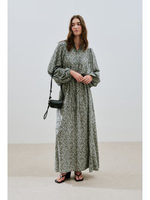 Çağla Desenli Viskon Bağlamalı Elbise Lıly