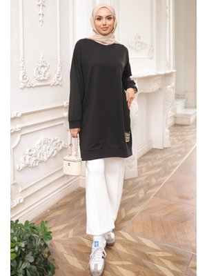 Siyah Bisiklet Yaka Armalı Tunik