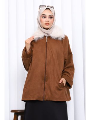 Kahverengi Yaka Kürk Detaylı Süet Ceket