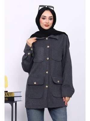 Füme Cepli Düğmeli Kaşe Ceket