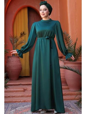 Saten Zümrüt Yeşili Elbise 62132zy