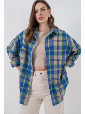 Gri Ekose Desen Oversize Oduncu Gömlek Mavi