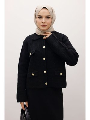 Siyah Süs Cepli Triko Hırka