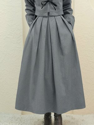 Gri Pileli Fermuarlı Kaşe Etek