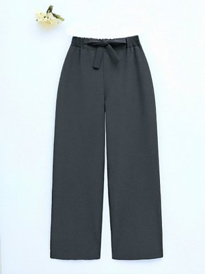 Füme Duble Kumaş Beli Kuşaklı Bol Paça Pantolon