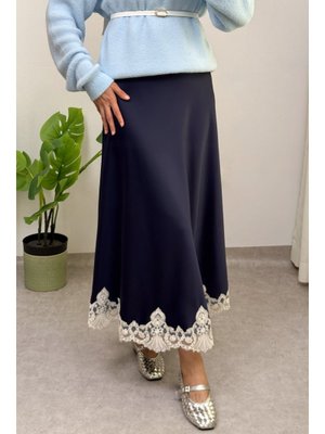 Lacivert Dantel Detaylı Saten Etek