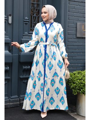 Desenli Sax Mavisi Elbise 23926sx