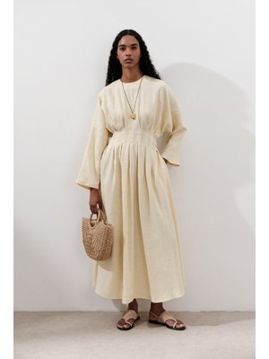 Sarı Keten Pile Detaylı Elbise