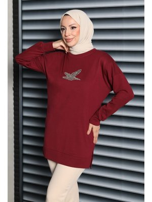 Bordo Kuş Taşlı İşlemeli Modal Tunik