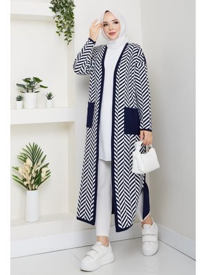 Zebra Desenli Çelik Örgü Cepli Triko Hırka