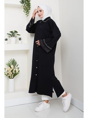 Şerit Detaylı Salaş Merserize Triko Ferace Hırka