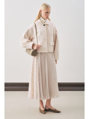 Ekru Ekose Desenli Volanlı Etek