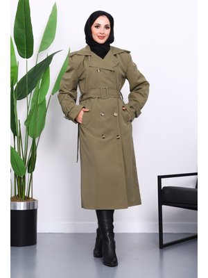 Haki Kruvaze Yaka Astarlı Trençkot