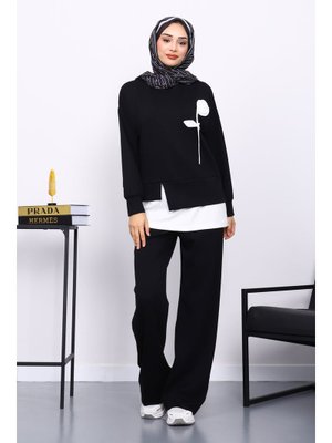 Siyah Bisiklet Yaka Gül Detaylı Tunik Pantolonlu Modal Takım