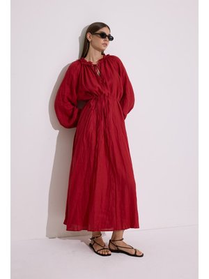 Kırmızı Yakası Büzgülü Keten Geniş Elbise