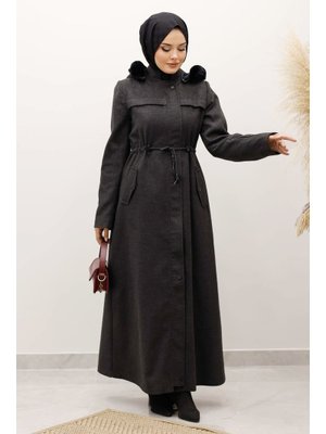 Antrasit Beli Büzgülü Kaşe Kaban