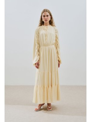 Sarı Uzun Büzgülü Şifon Elbise Soft