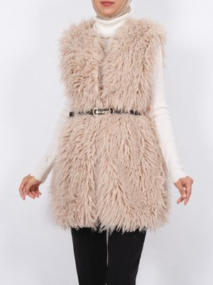 Açık Vizon Kemerli Yan Cepli Kürklü Astarlı Yelek