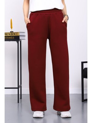 Bordo Bel Lastikli Şardonlu Üç İplik Pantolon