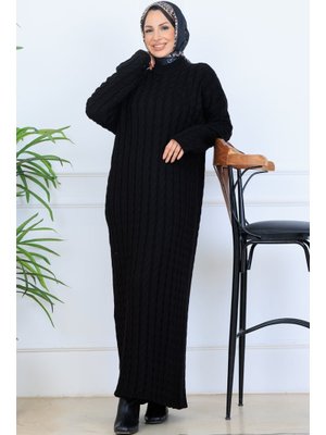 Siyah Örgü Desenli Triko Elbise