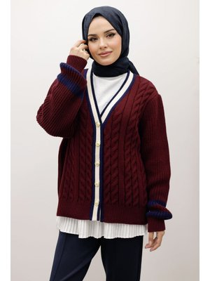 Bordo Saç Örgü Desenli Triko Hırka