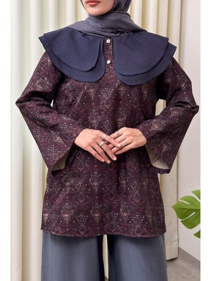 Mürdüm Retro Desenli Oversize Tunik